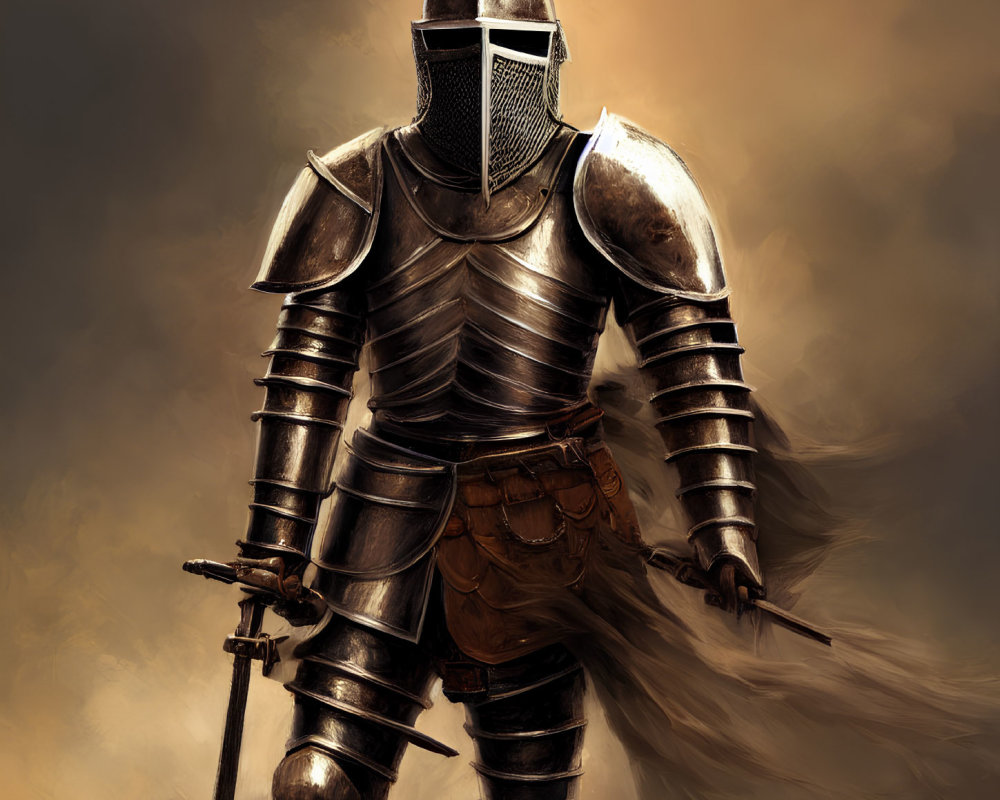 Knight in shining armor with sword on moody brown background