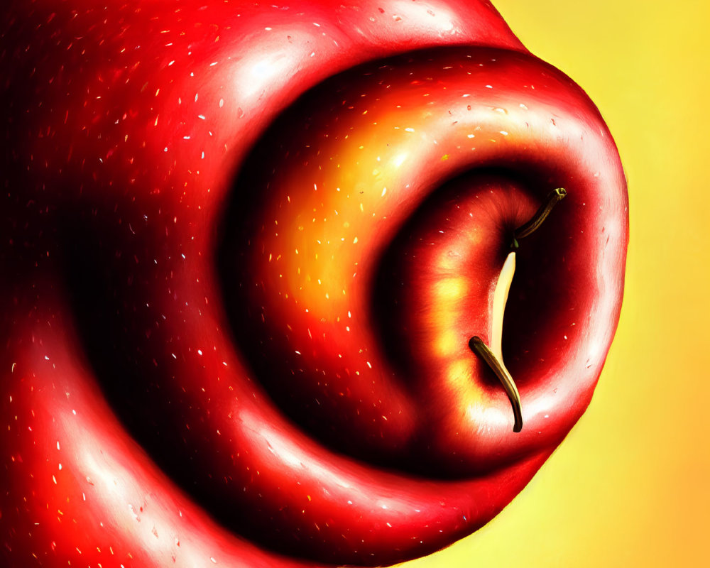 Surreal red apple with swirling vortex on yellow background