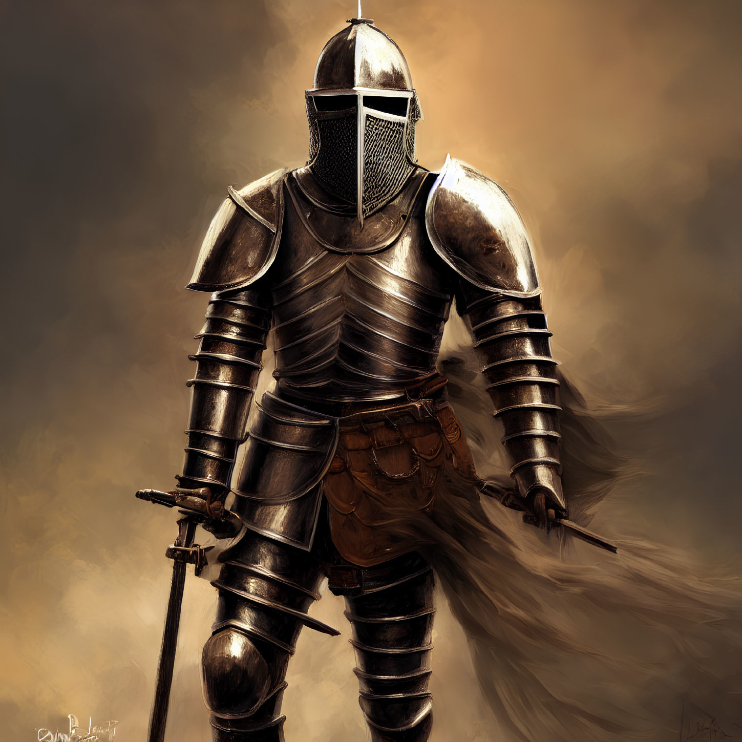 Knight in shining armor with sword on moody brown background