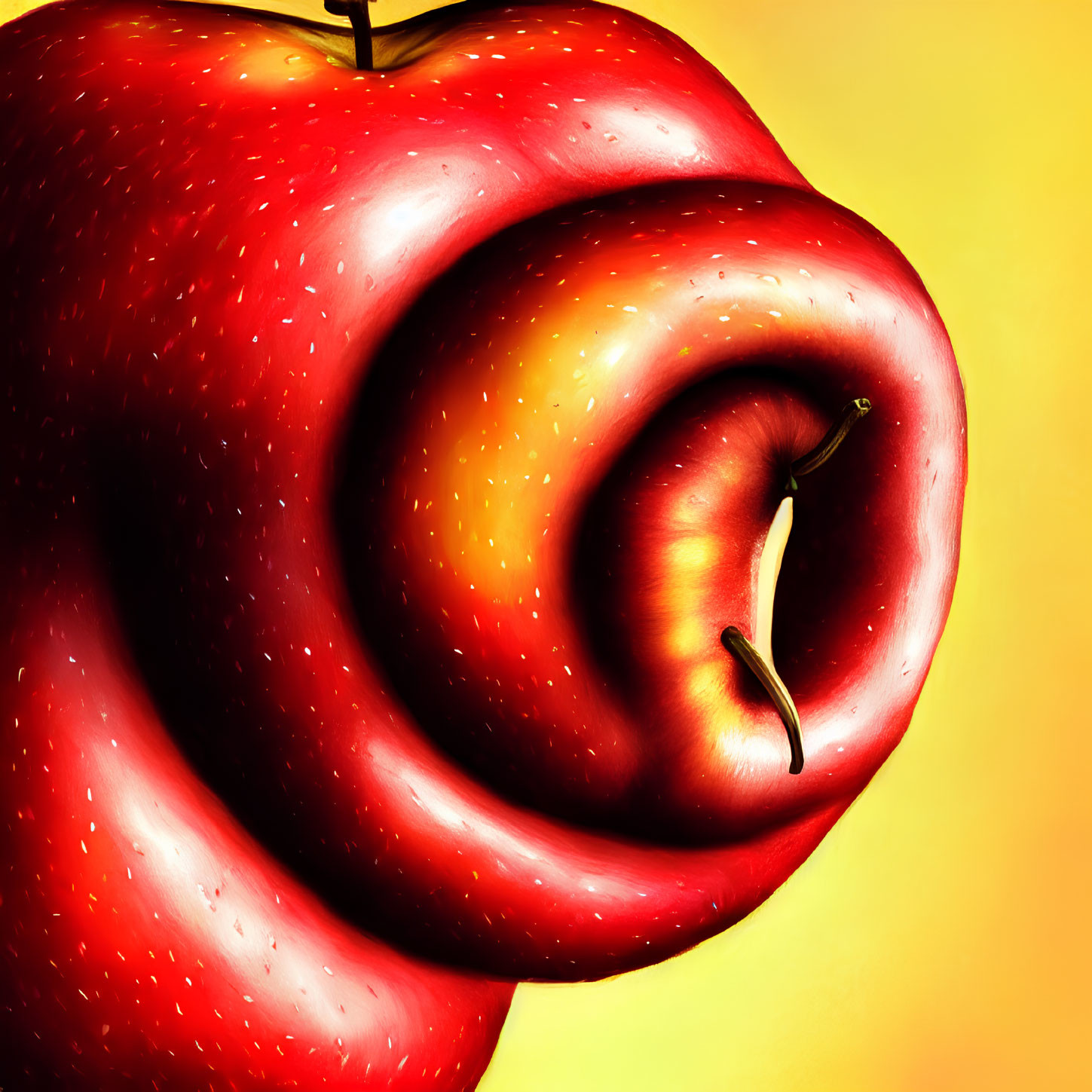 Surreal red apple with swirling vortex on yellow background