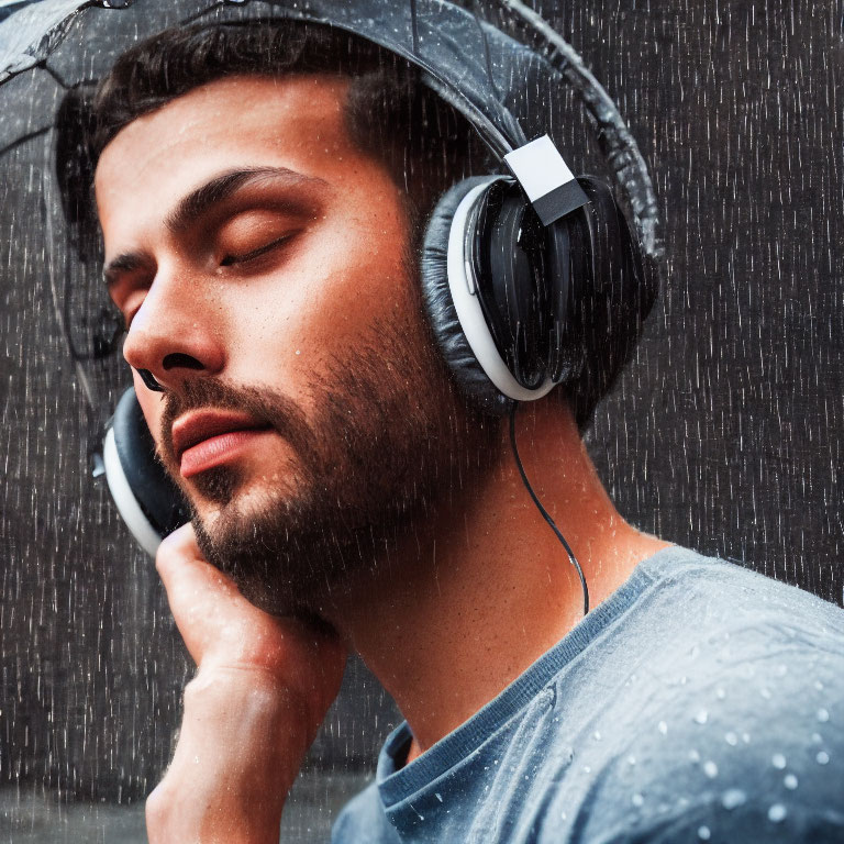 Man Listening to Music in Rain with Closed Eyes and Water Droplets