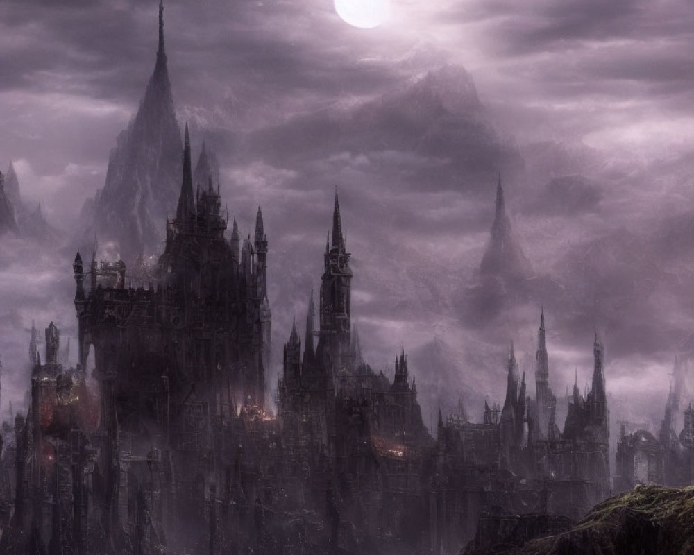 Gothic castle in misty mountains under full moon