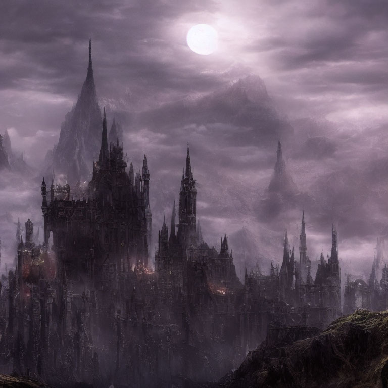 Gothic castle in misty mountains under full moon