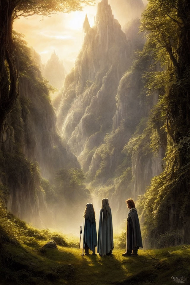 Three robed figures in mystical mountain landscape