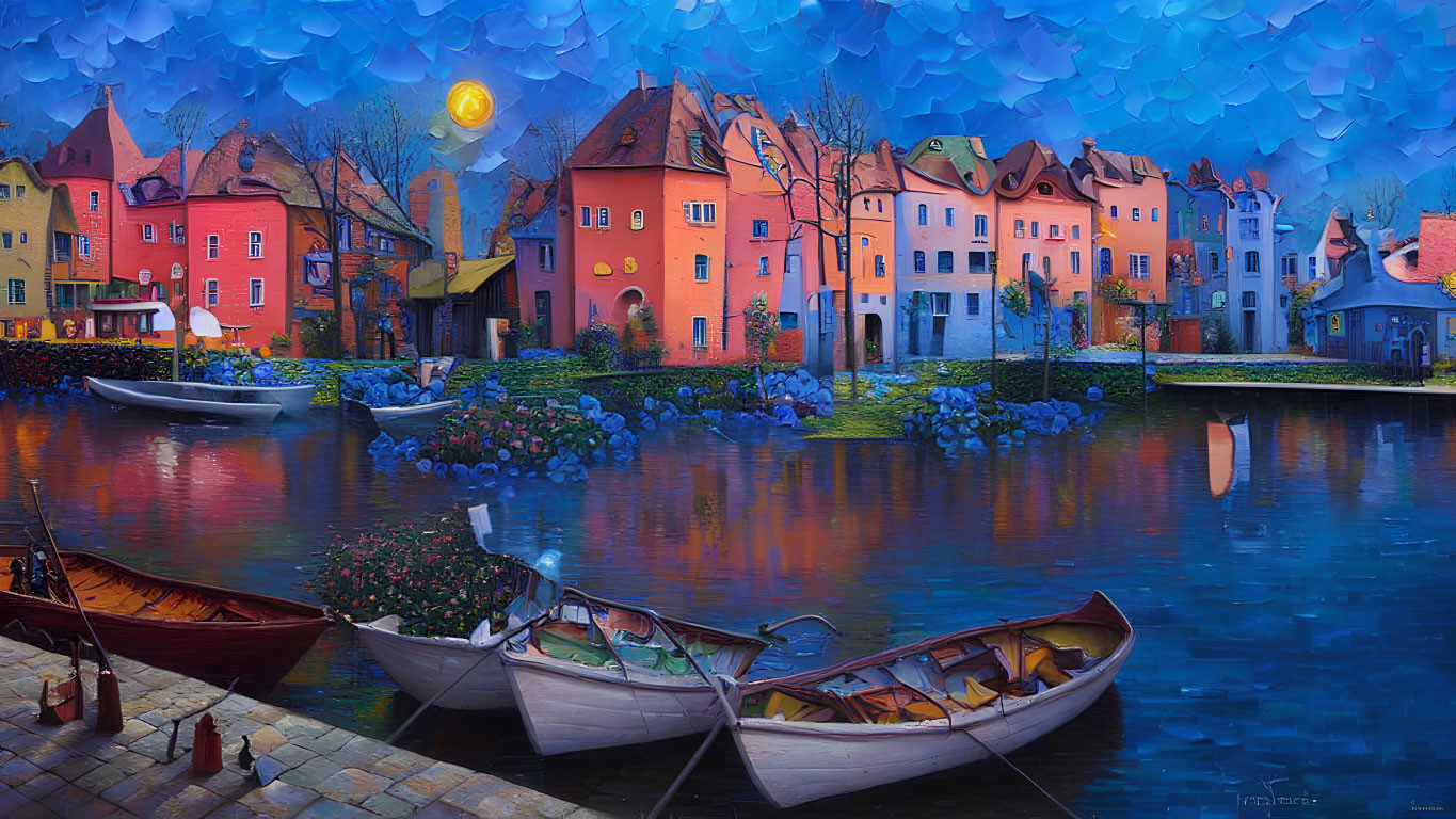 Colorful painting of riverside village at dusk