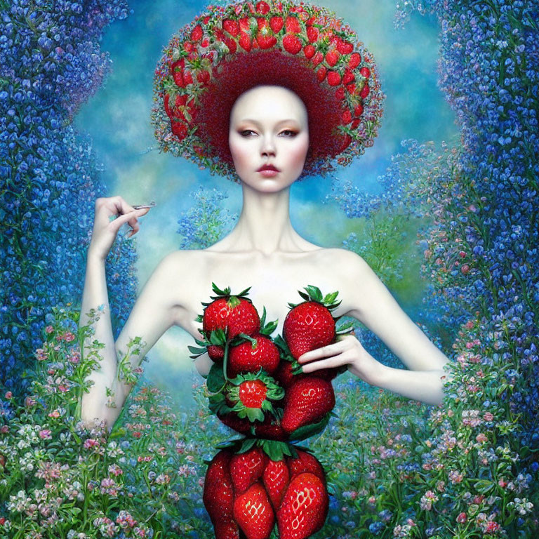 Surreal portrait featuring person with strawberry hat and body against blue floral backdrop