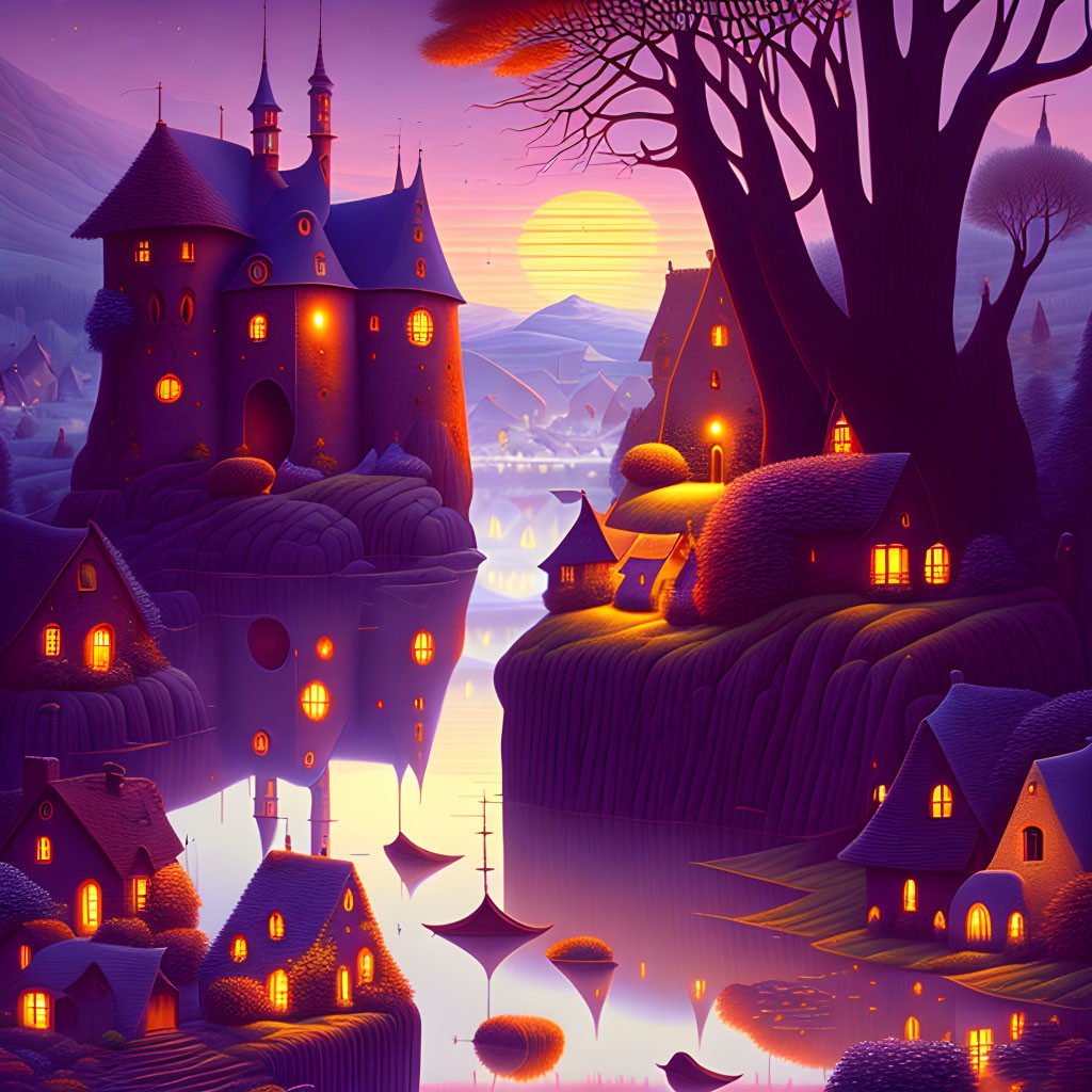 Fantasy Twilight Landscape with Castle, Houses, Tree, Boats, and Purple Sky