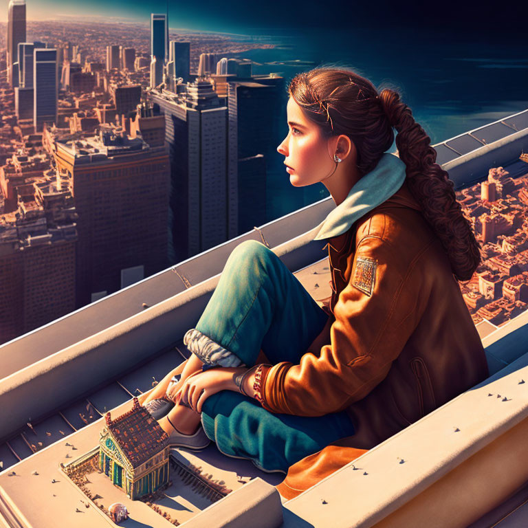 Digital artwork: Woman on skyscraper with surreal cityscape & tiny building.