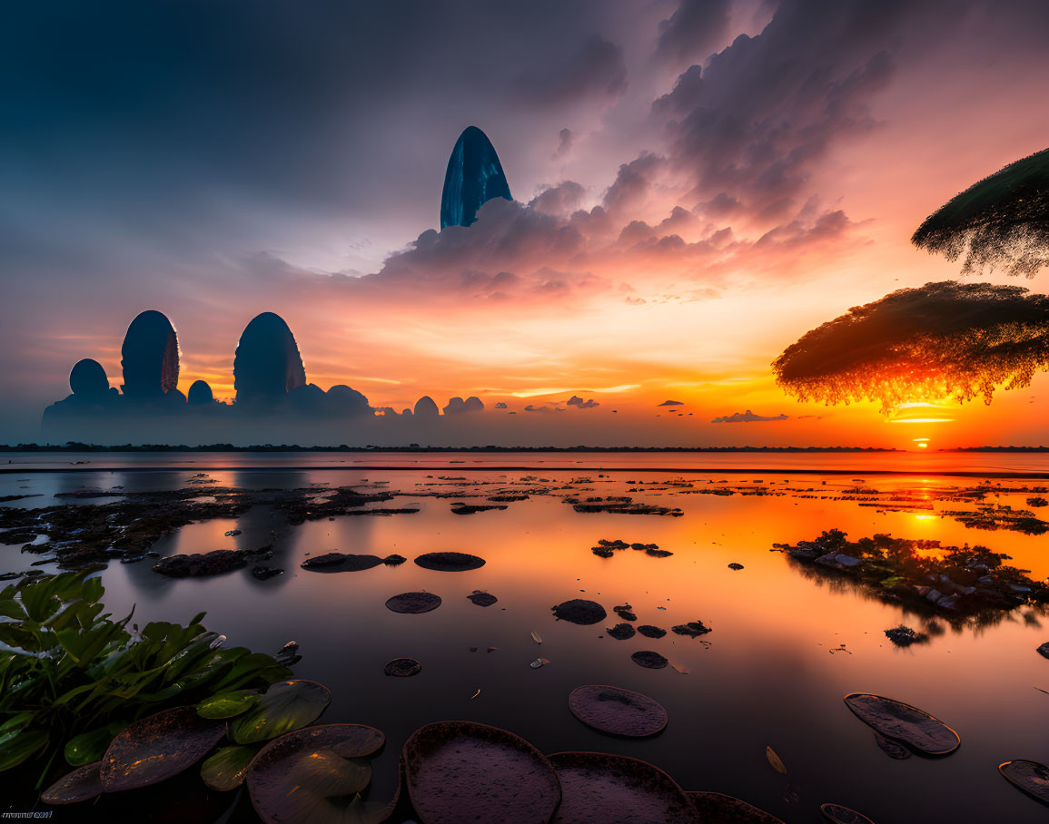 Tranquil lake sunset with lily pads, colorful sky, and rock formations