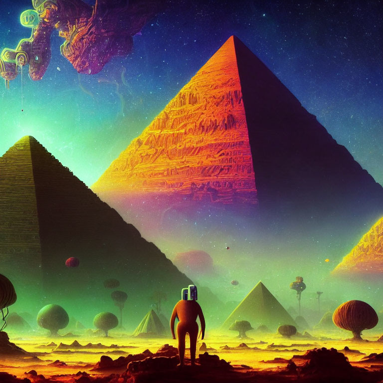 Surreal landscape with pyramids, astronaut, cosmic sky, planets, and fantastical elements