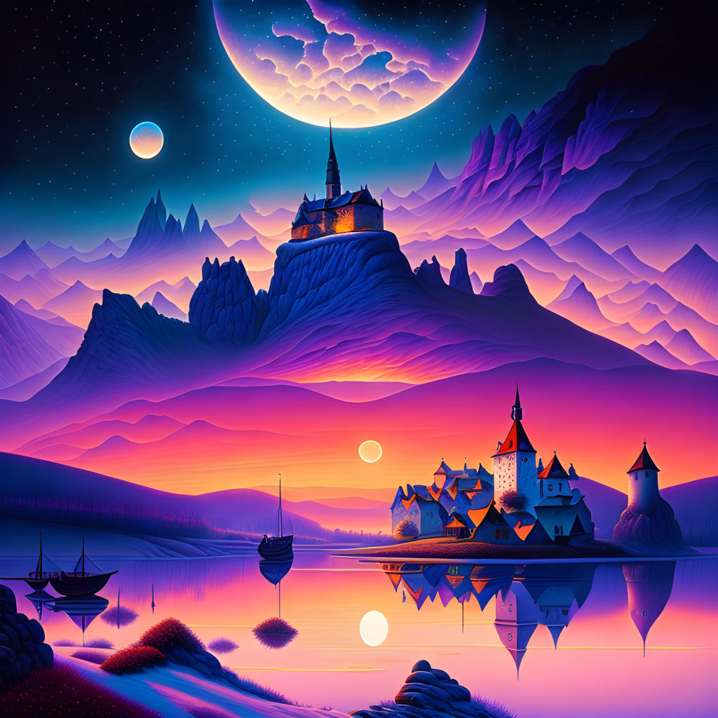 Fantasy landscape with twilight castle, lake, boats, and moon