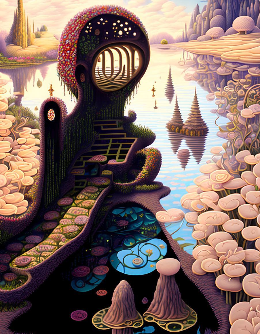 Colorful surreal landscape with stylized human figure and unique flora & water elements