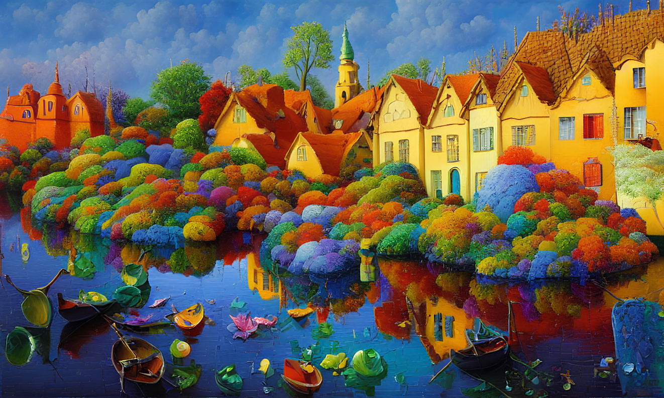 Colorful village painting with river reflection and rowboats under blue sky