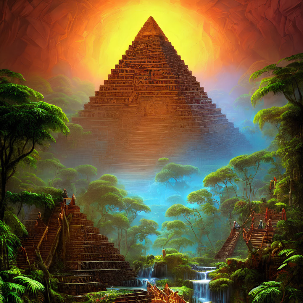 Majestic pyramid in lush jungle with waterfalls and ancient ruins