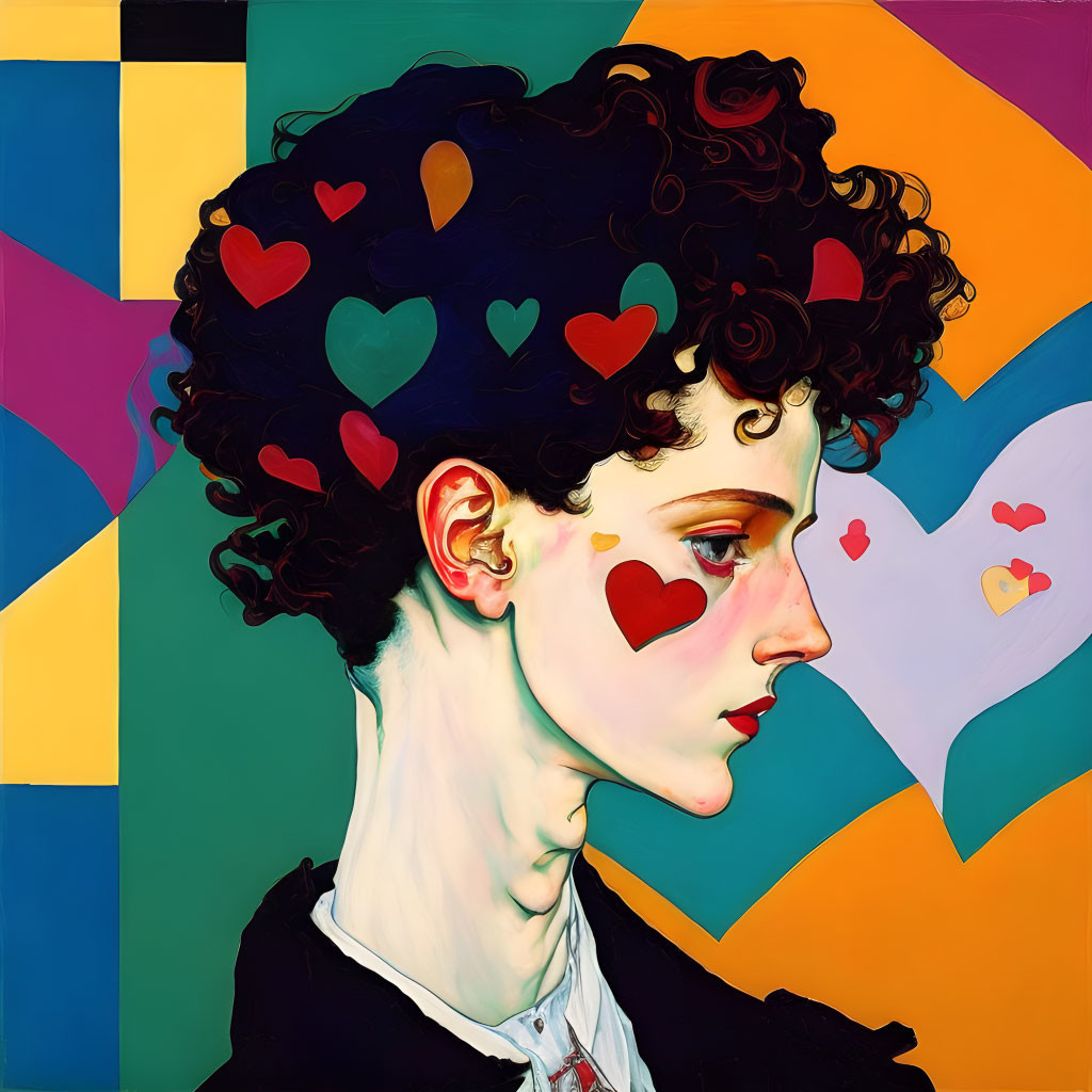 Curly-haired individual with hearts in hair against vibrant geometric backdrop