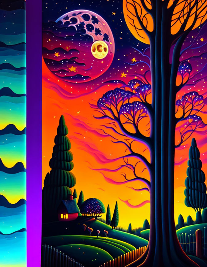 Colorful nighttime landscape with tree, cottage, hills, moon, and stars.