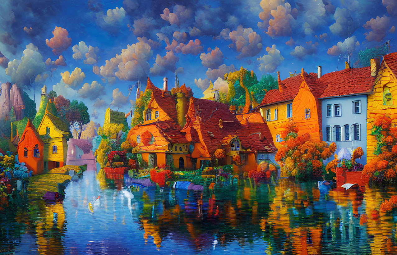 Whimsical village with storybook houses by serene river