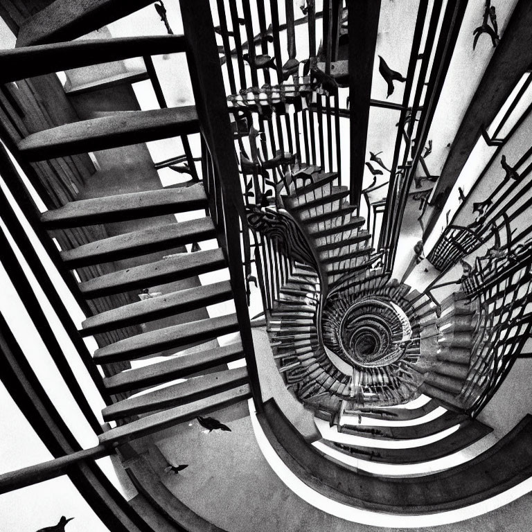 Monochrome top-down view of a spiral staircase with geometric patterns.