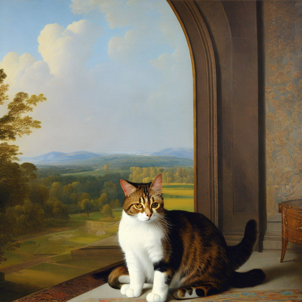 Tabby and White Cat on Windowsill with Mountain Landscape View