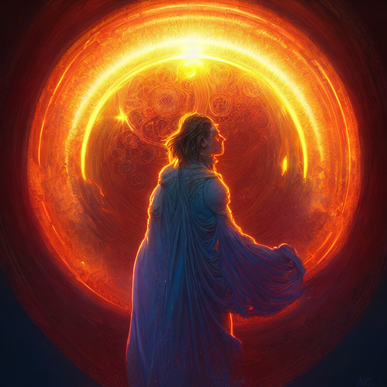 Profile of person in blue cloak gazing at luminous golden ring