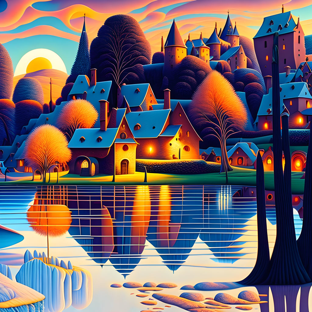 Colorful Stylized Landscape with Whimsical Buildings and Sunset