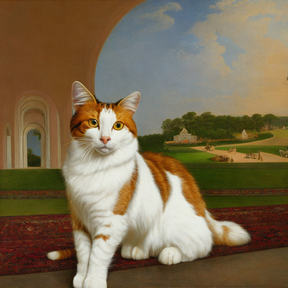 Orange and White Cat with Green Eyes Poses in Front of Landscape Painting