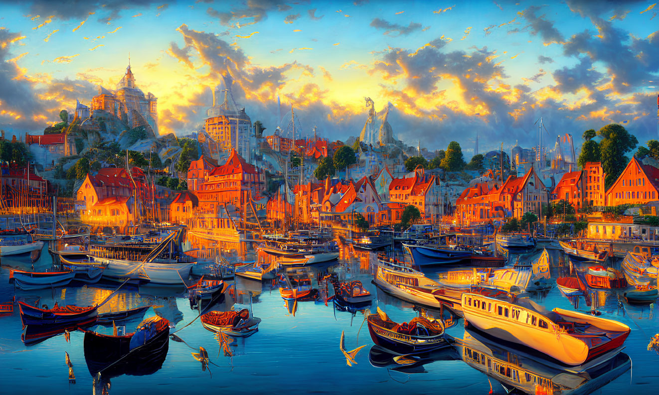 Colorful artwork of a bustling harbor with boats and town under a sunset sky