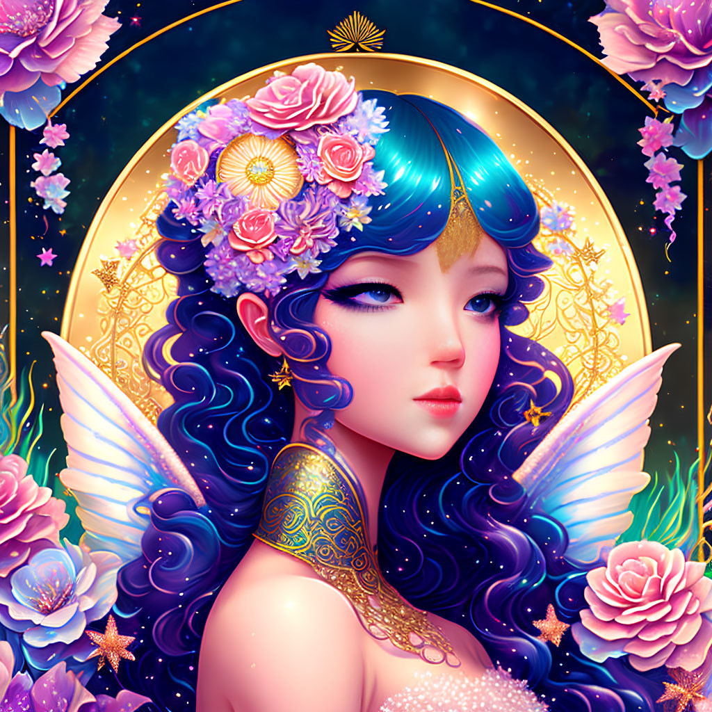 Whimsical female character with blue hair and butterfly wings in a floral setting