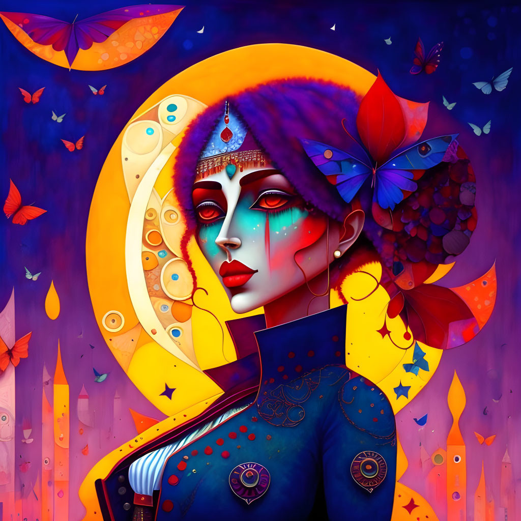 Colorful illustration: Woman with blue skin, headpiece, butterflies, foliage, moon.