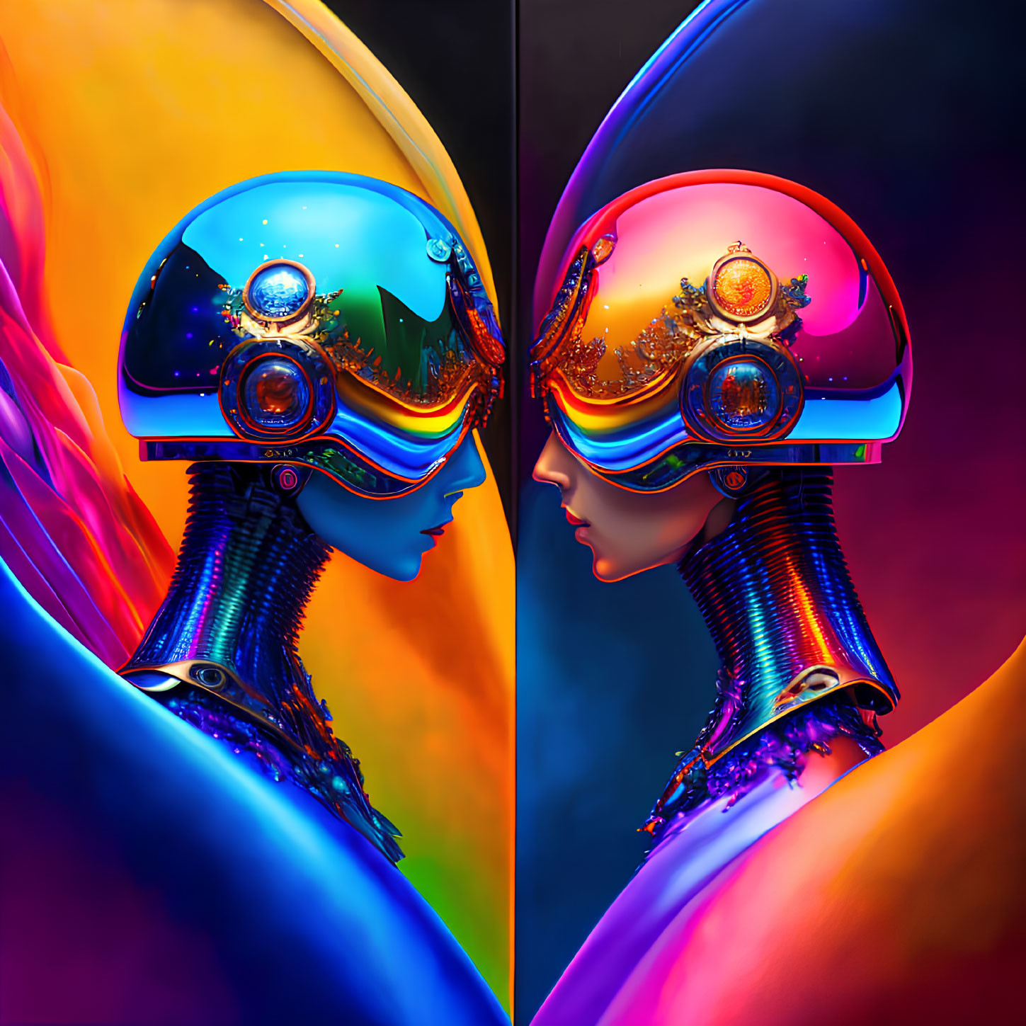 Vibrant digital artwork: Futuristic robotic females in colorful, reflective attire.