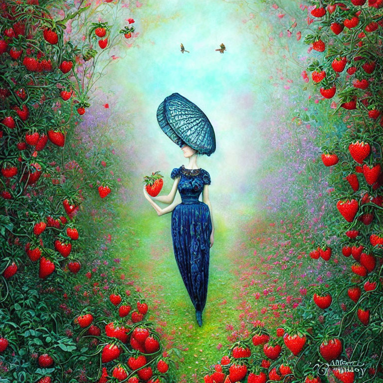 Woman in Blue Dress with Parasol and Strawberries in Vibrant Garden