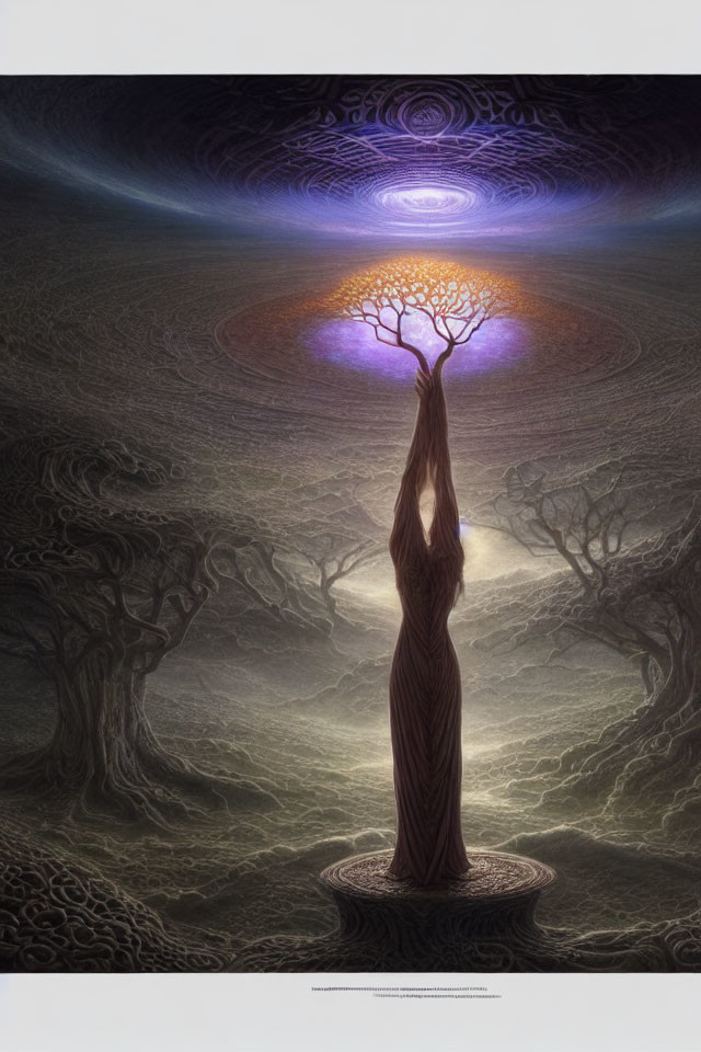 Surreal artwork of lone tree with human-like features under cosmic sky