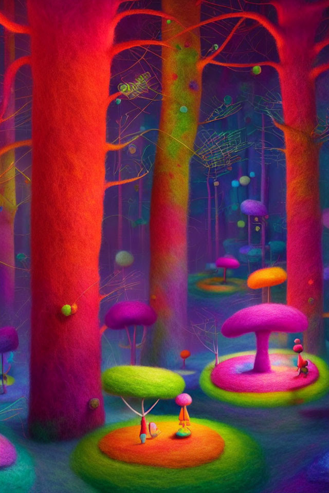 Vibrant enchanted forest with glowing trees and tiny creatures