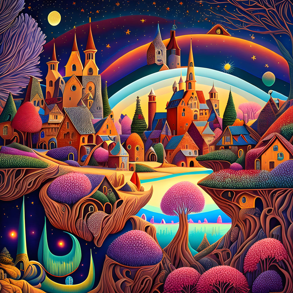 Colorful, whimsical artwork of a fairy-tale village under a starry rainbow sky