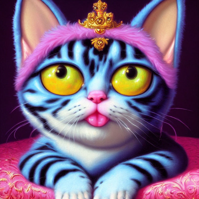 Whimsical blue-striped cat with yellow eyes and crown on purple background