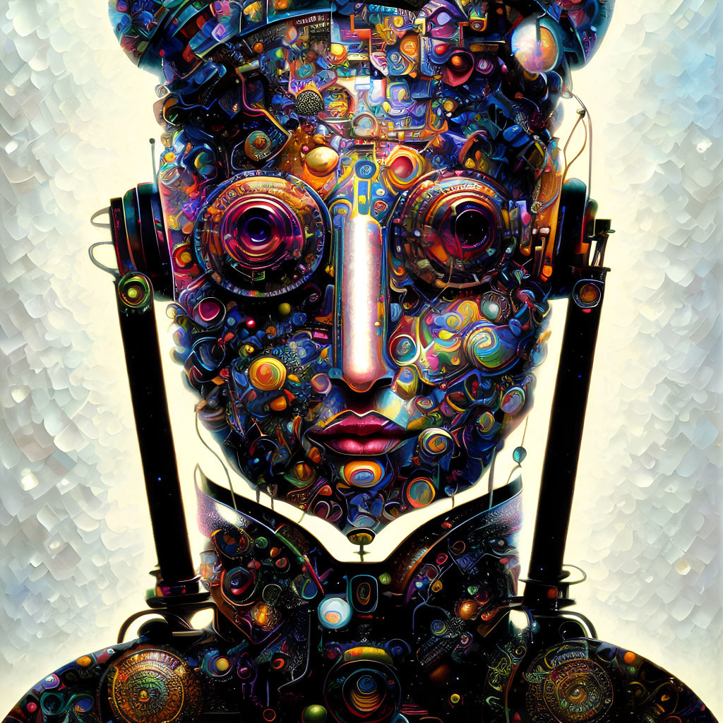 Detailed portrait of a robot with intricate gears and circuits