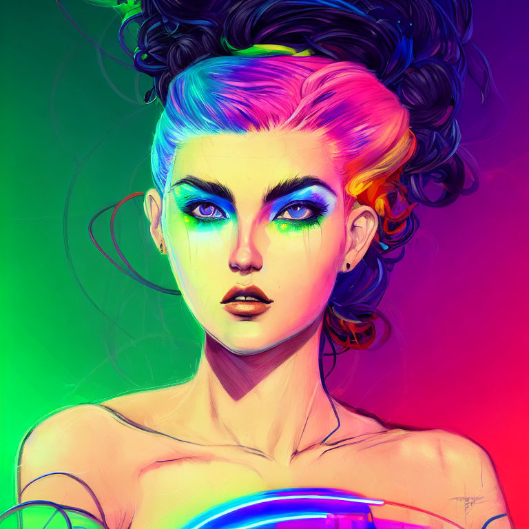 Vibrant portrait of a woman with blue eyes and rainbow hair