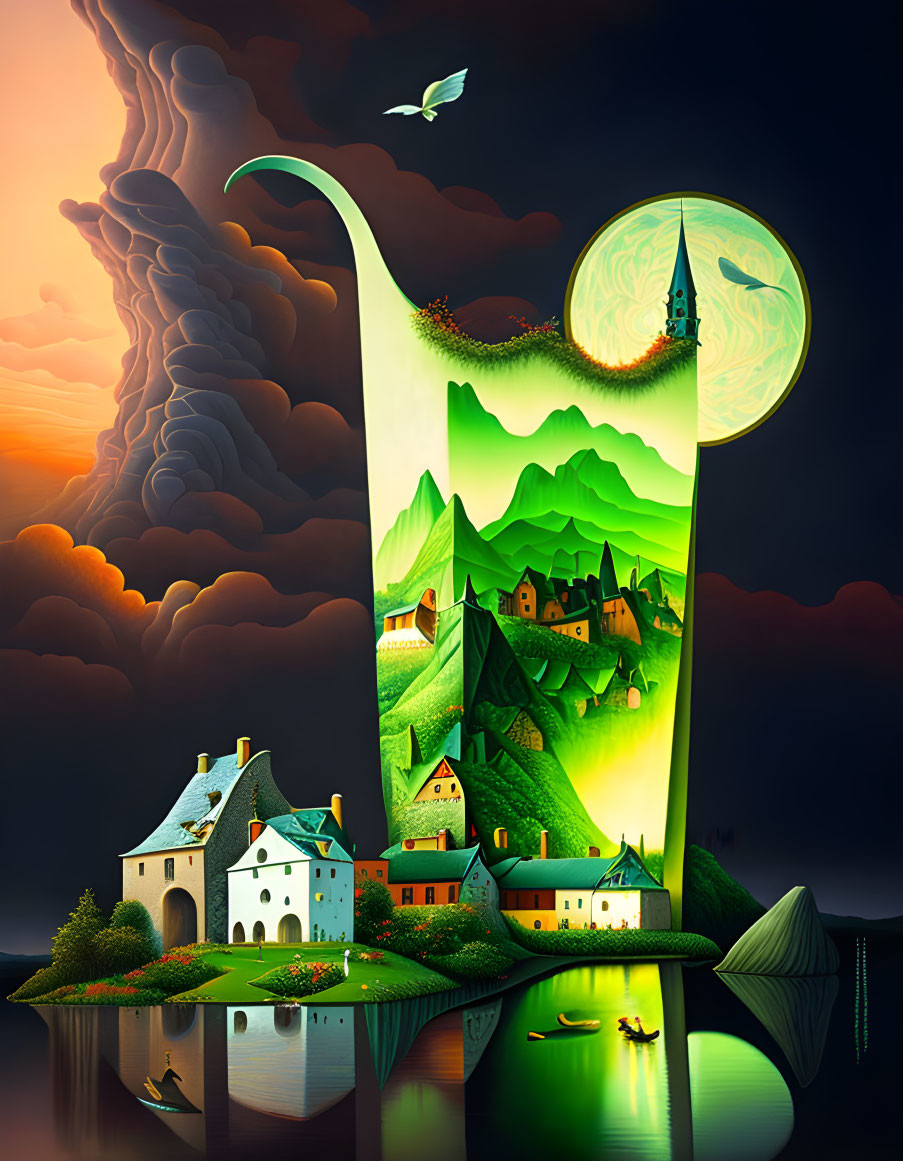 Surreal landscape with vibrant hills, houses, moon, plant, bird, and twilight sky