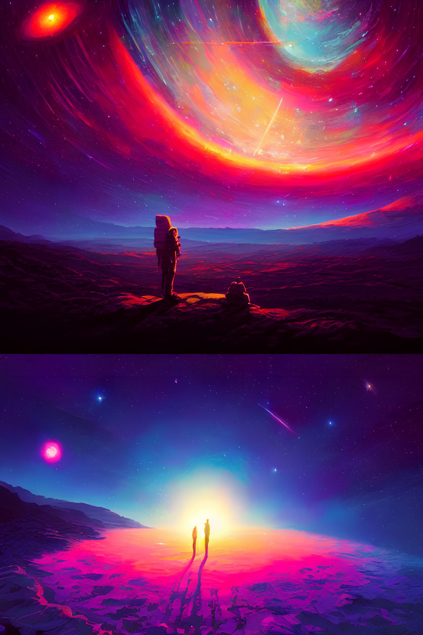 Digital artwork: Figures under cosmic skies with auroras, comet, and starry sky with planets