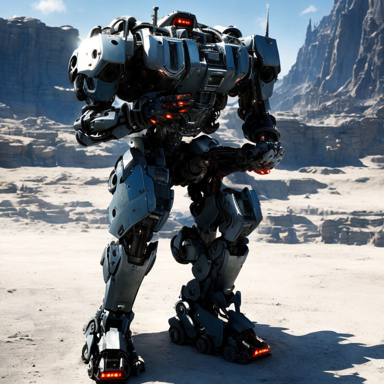 Bipedal robot with heavy armor in rocky landscape