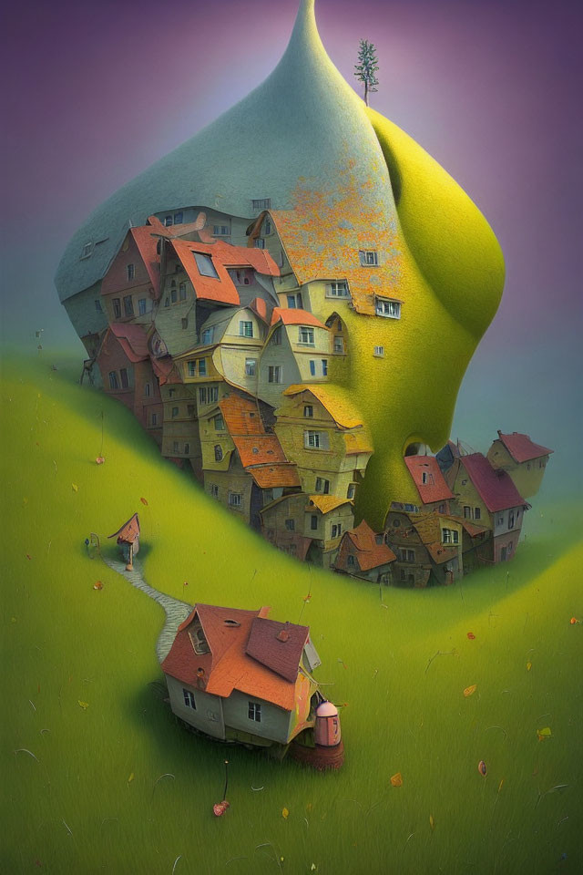 Surreal pear-shaped hill with colorful houses and lone tree