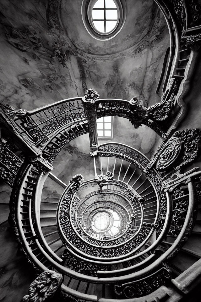 Monochrome spiral staircase with ornate iron railings and round window