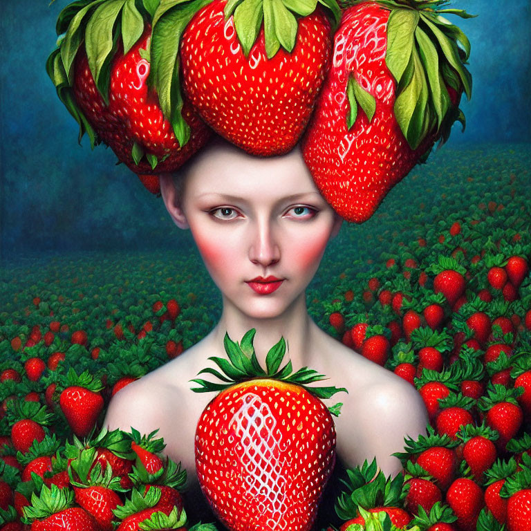 Surreal portrait featuring person with strawberry hat in field