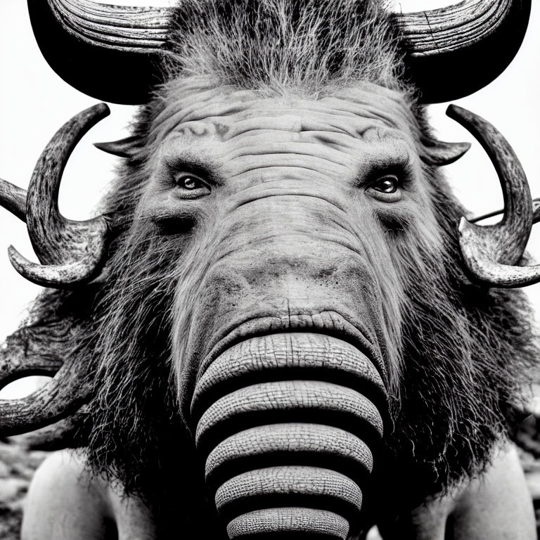 Surreal black and white creature with warthog head, curved horns, elephant tusks.