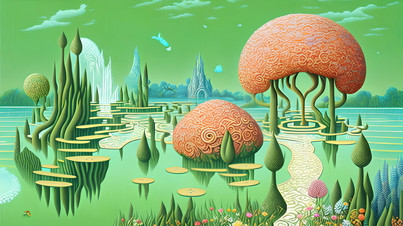 Abstract Surreal Landscape with Stylized Greenery and Floating Discs