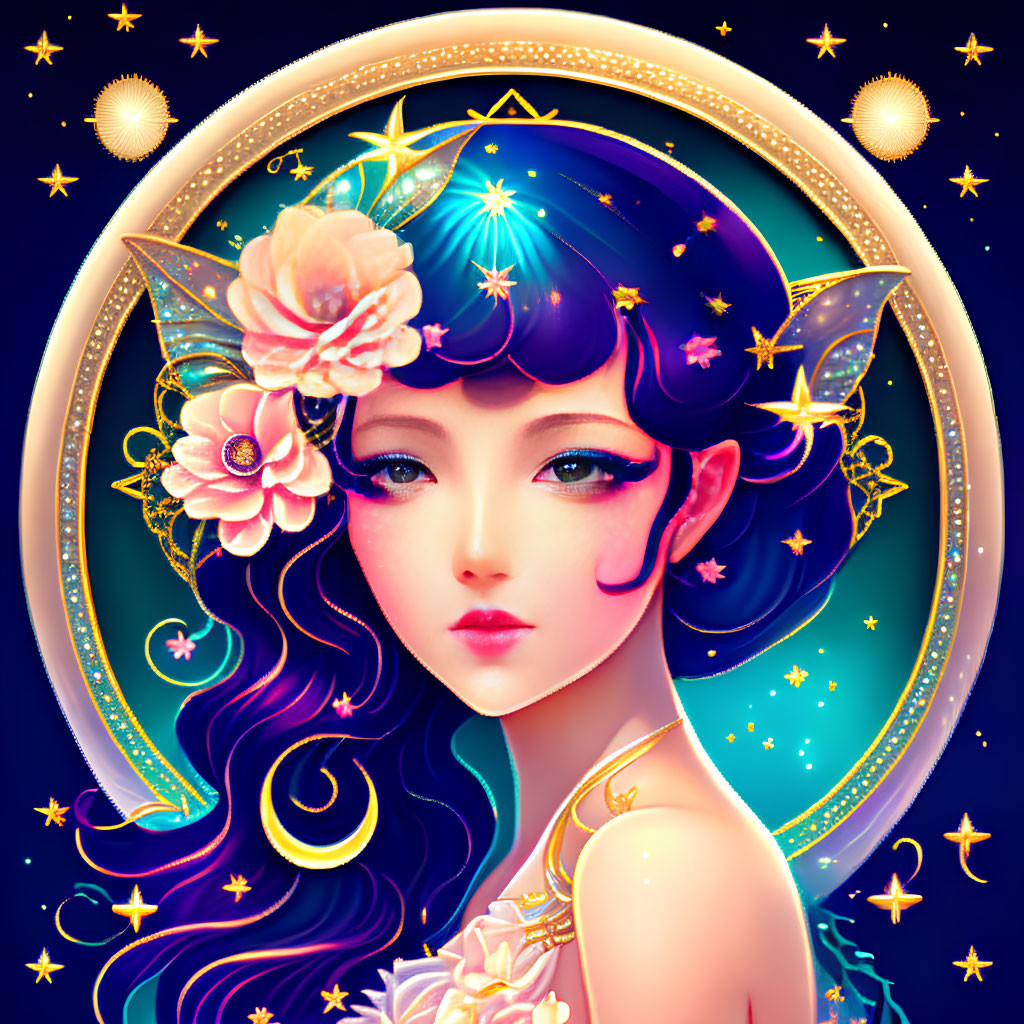 Fantasy female figure with celestial motifs in luminous colors