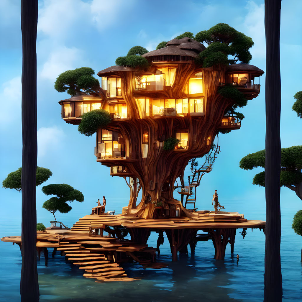 Enchanted multi-level treehouse with glowing windows by a dock at twilight