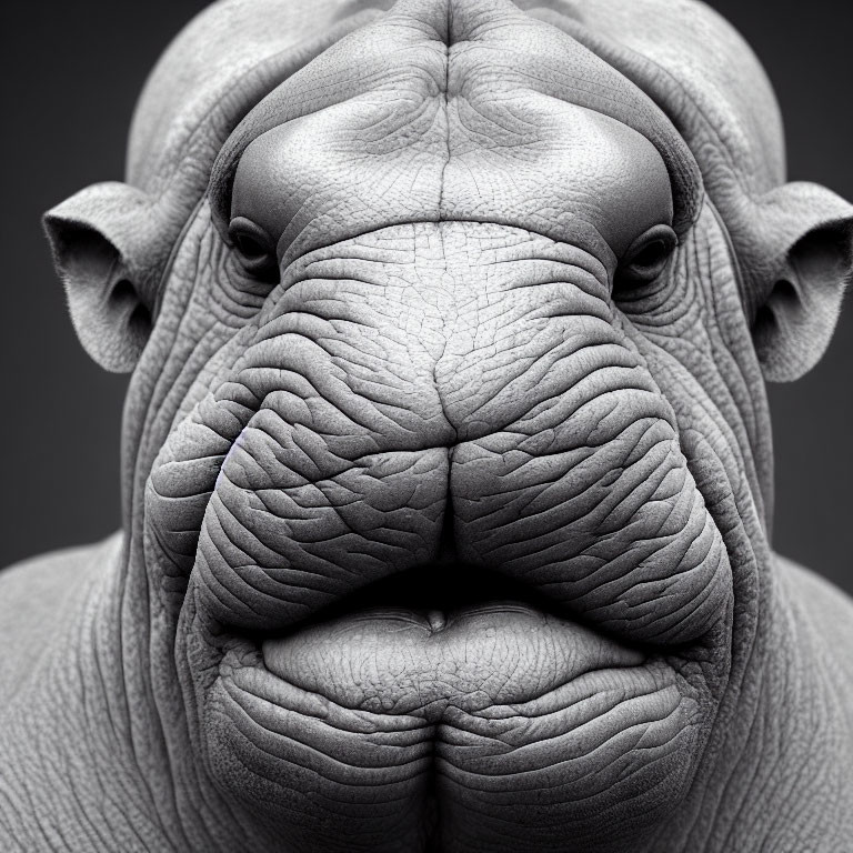 Detailed Close-up of Hippopotamus Face with Skin Textures on Grey Background