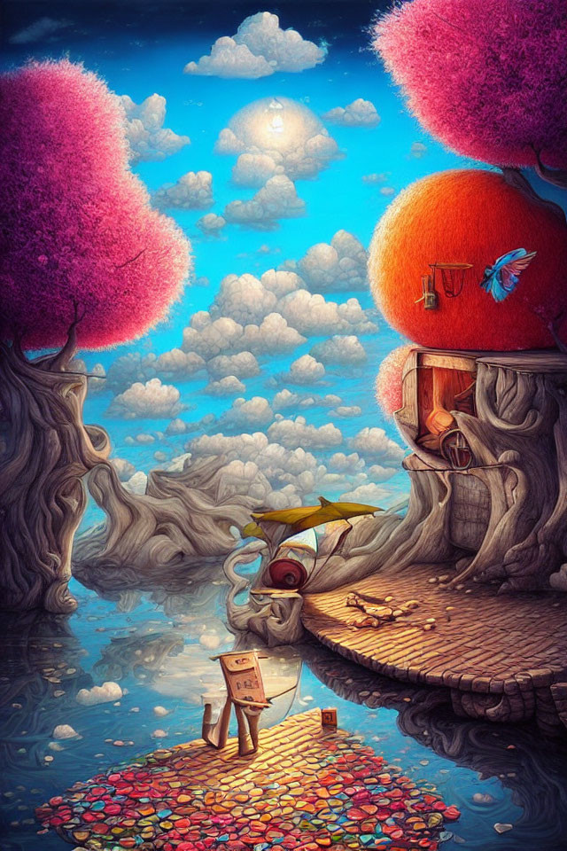 Whimsical landscape with vibrant trees, robot, bird, and tree-house