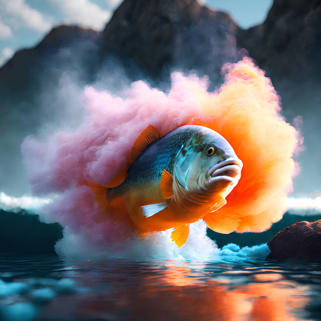 Colorful fish with orange fins in vibrant underwater scene with mountains